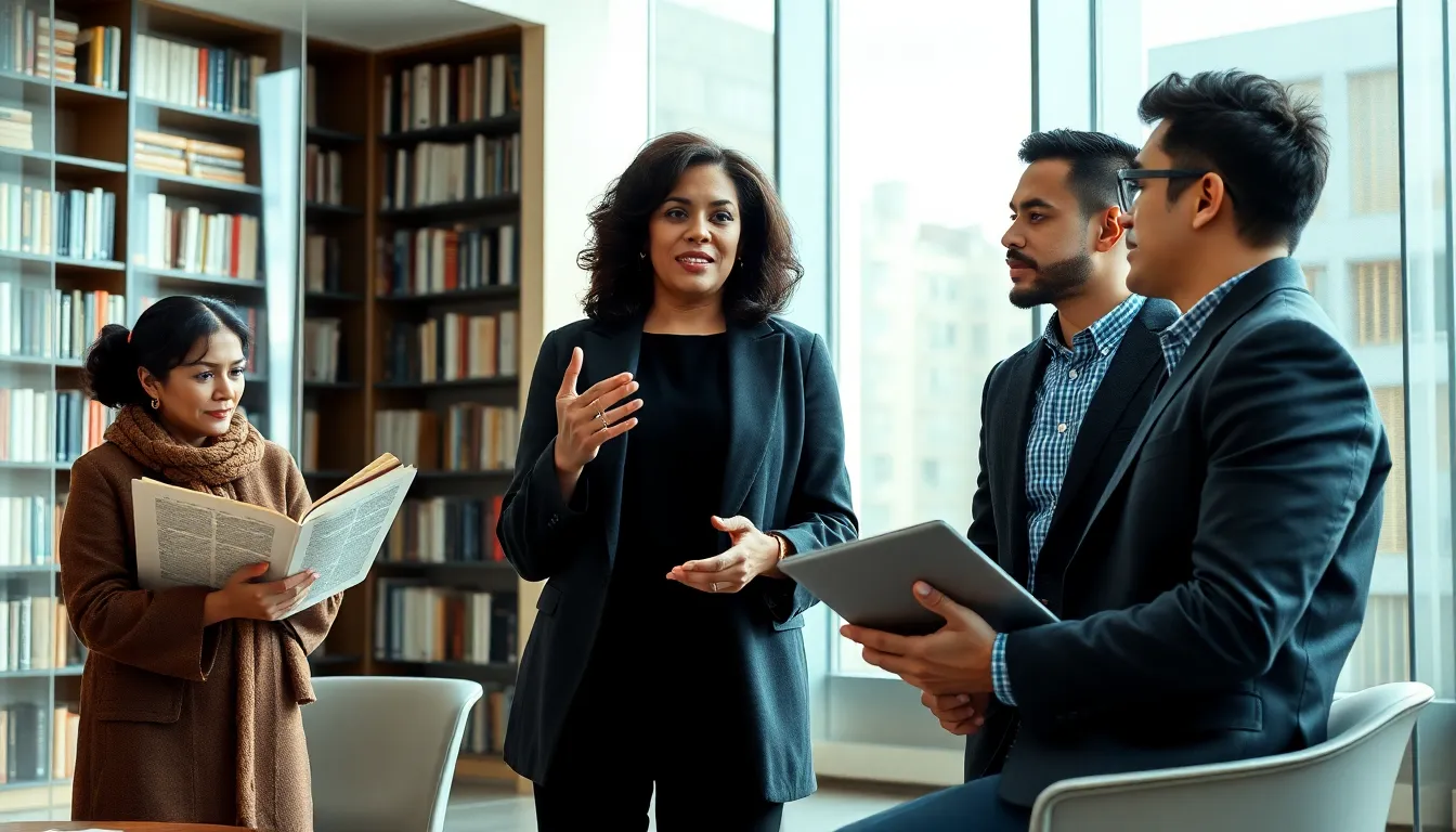 diverse scholars debating in a modern academic setting.